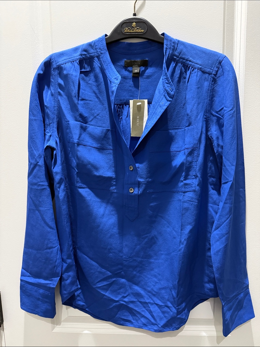 J. Crew Bright Cobalt Blue Long-Sleeve Silk Henley Blouse